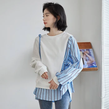 

COIGARSAM Full Sleeve Shirt Womens tops Spring Striped Patchwork Belt Women shirts White 08825