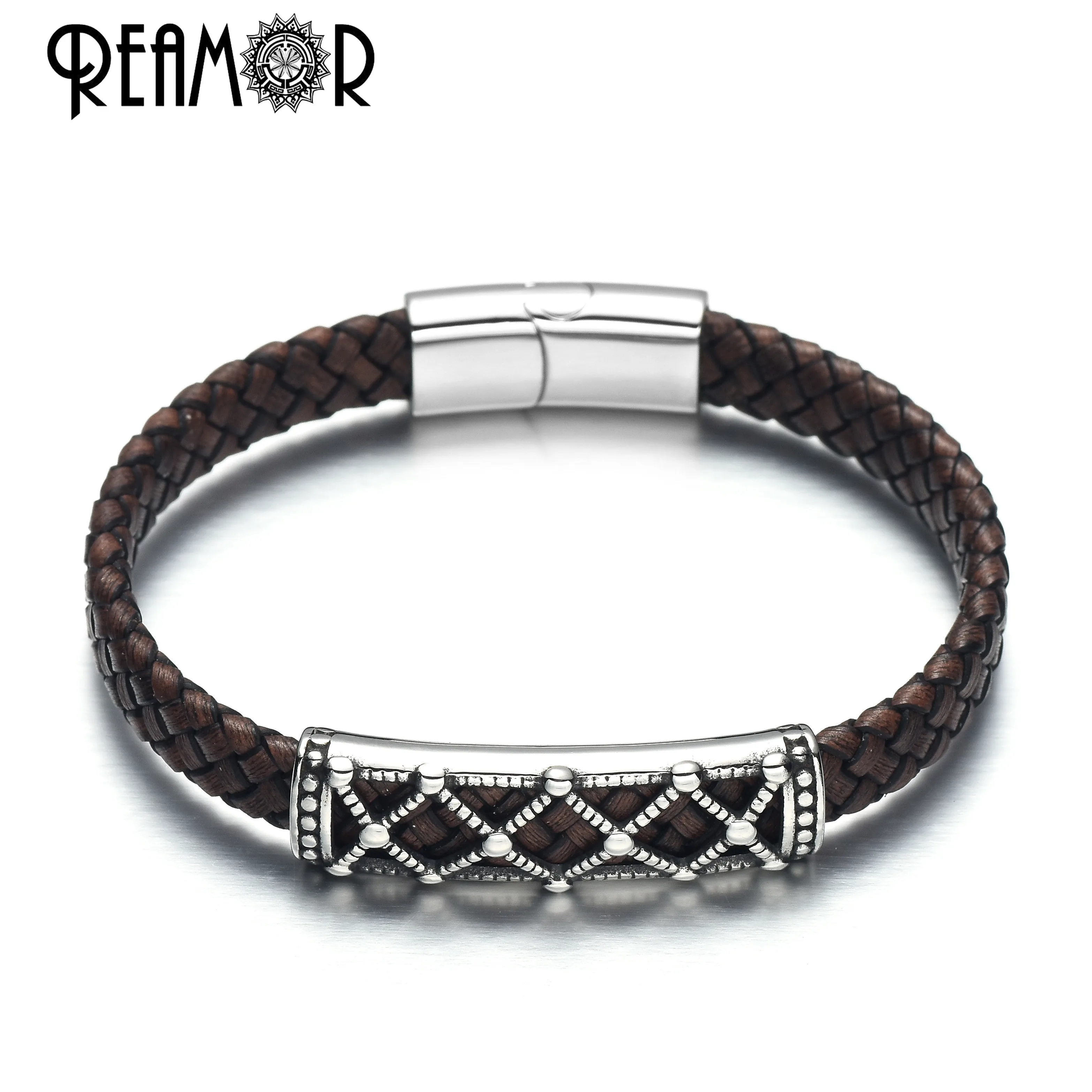 REAMOR Fashion Bracelets 2019 Retro Genuine Leather Stainless Steel Hollow Bead Bracelet Women Men Cuff Bangles Wholesale