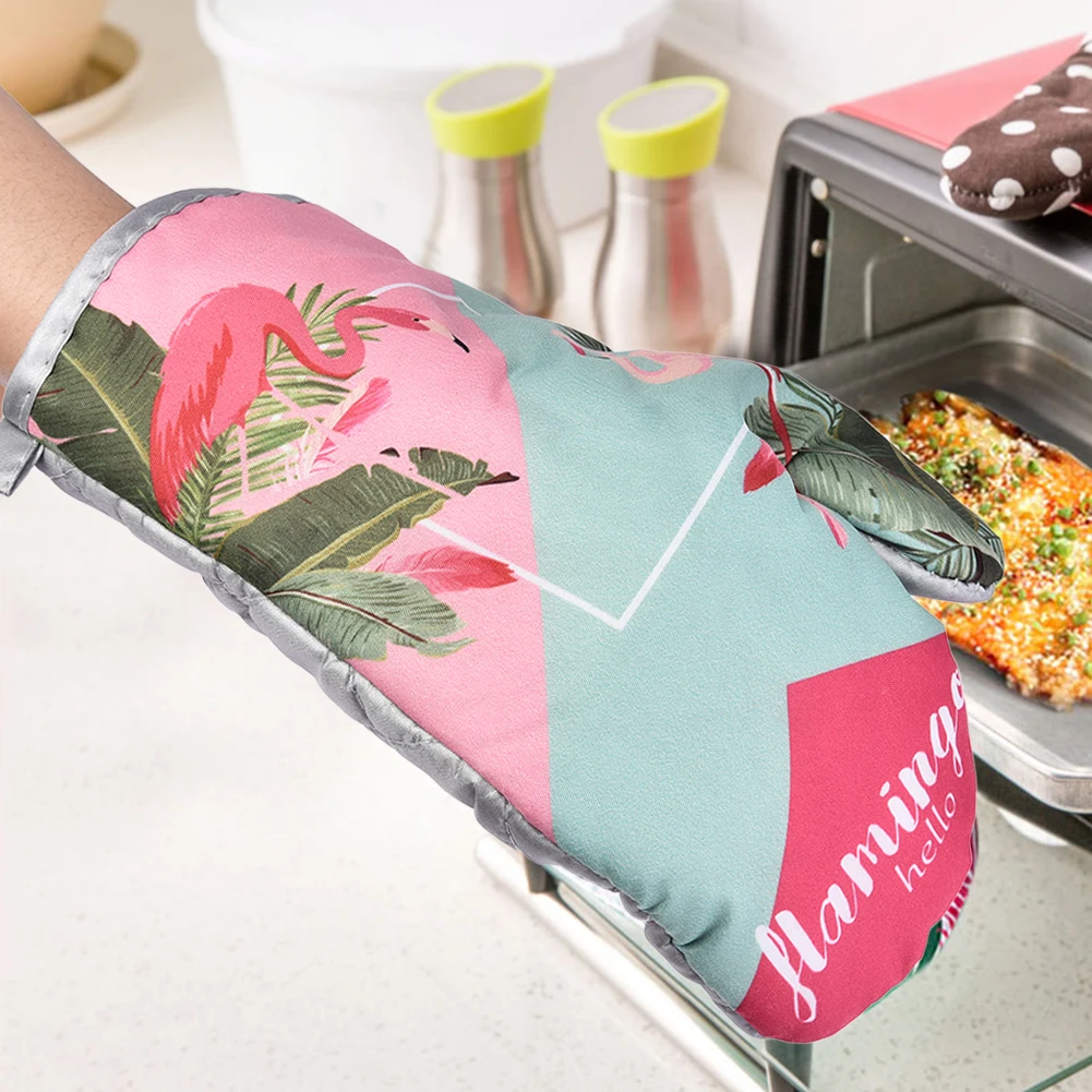 2pcs Flamingo Pattern Microwave Gloves Cotton And Linen Padded High Temperature Resistant Oven Gloves For Kitchen Cooking Tool Silicone Oven Mitts Kitchen Gloves Silicone Oven Gloves