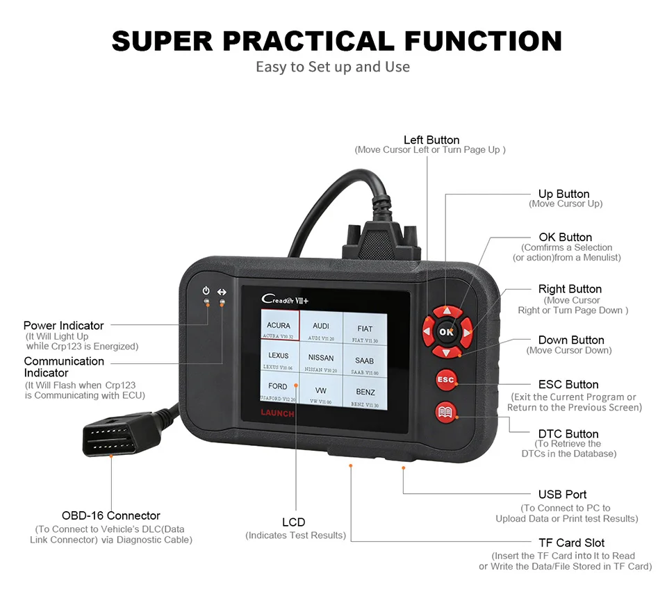 Диагностический сканер Launch X431 Creader VII + plus OBD2 считыватель кодов двигателя ABS SRS