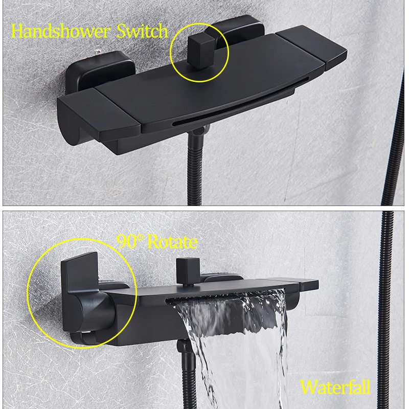 Black Shower Bathtub Faucet Chrome Wall-Mounted Waterfall 90 Ratation Bathroom Shower Set Hot Cold Water Mixer Tap Dual Handle 3
