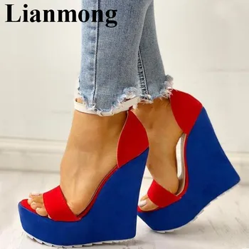 

Mixed Colors Flock Summer FAshion Women Sandals Sexy Wedges High Heel And Open Toe 3-5cm Platform Buckle Strap Women Shoes
