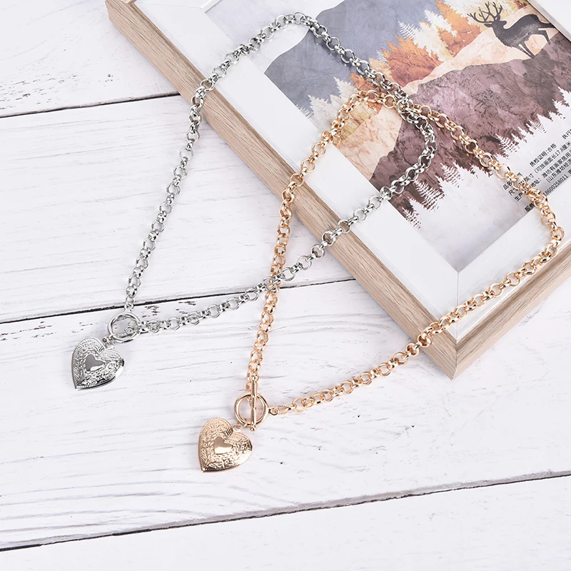 New Fashion Jewelry Heart Shaped Picture Frame Locket Pendant Necklaces Big Thick Chain Short Necklace Gift
