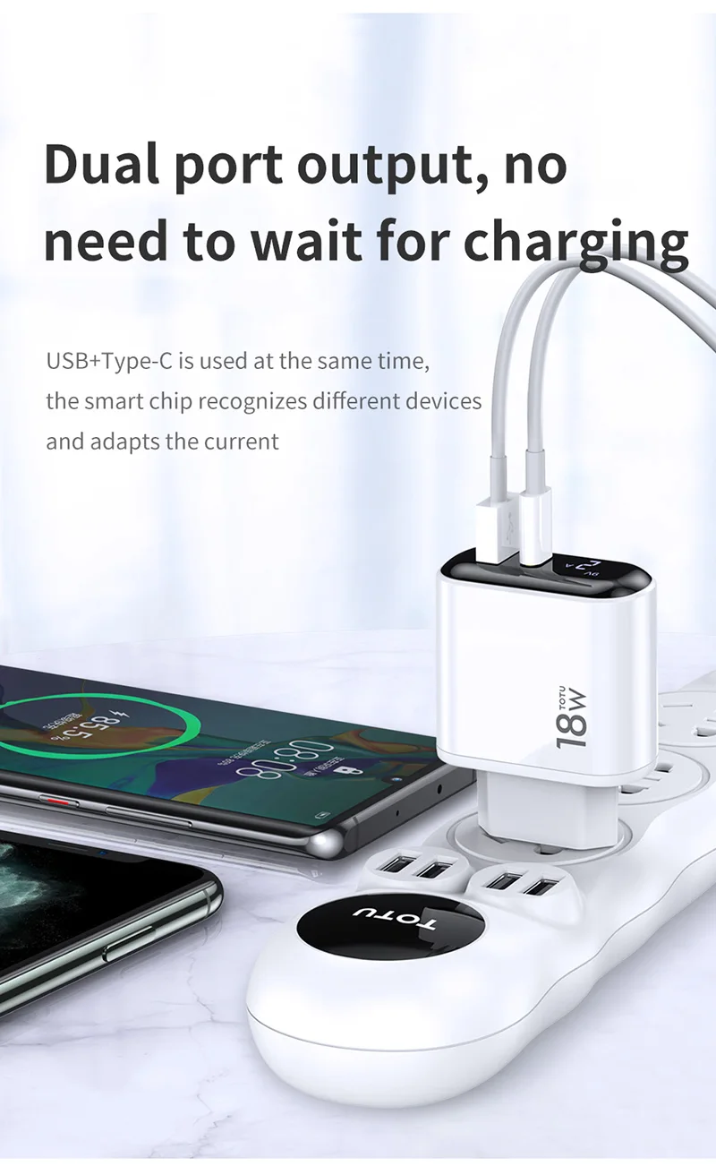 TOTU EU phone travel charger with LED display, fast charge PD18w + QC3.0 home travel wall charger