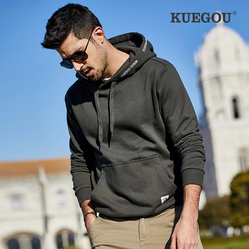 KUEGOU 100% Cotton Men‘s hoodie autumn fashion sweatshirts men Kangaroo pocket Pure color top plus size Sapphire MW-2286 KUEGOU 100% Cotton Men‘s hoodie autumn fashion sweatshirts men Kangaroo pocket Pure color top plus size Sapphire MW-2286