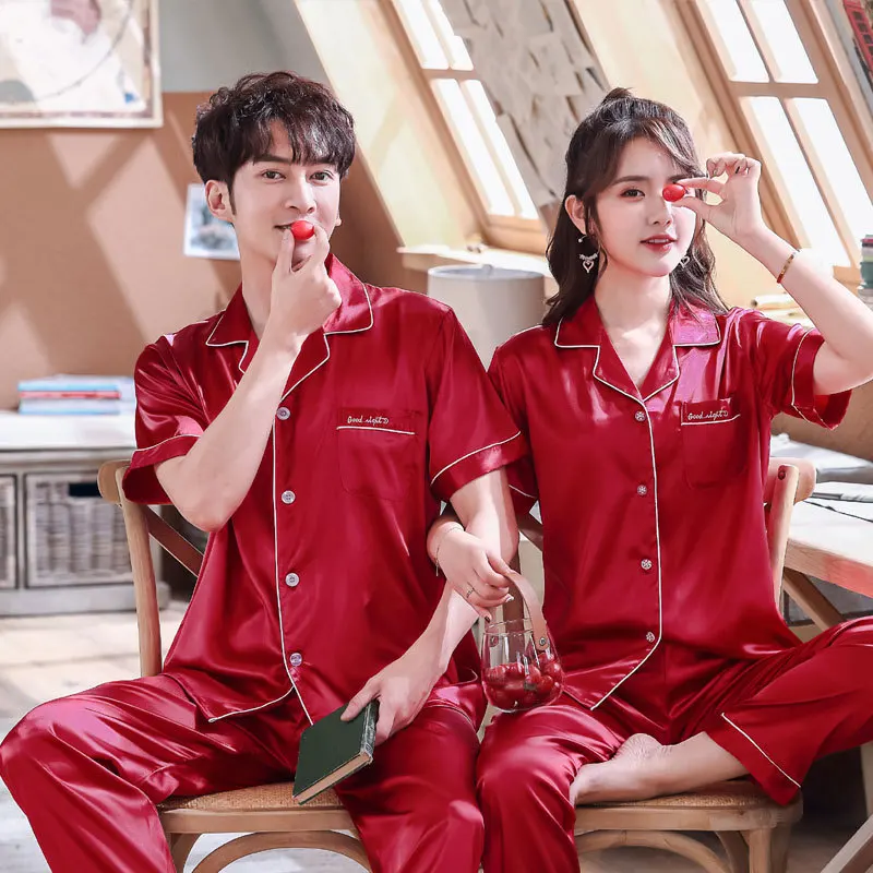 Комплект атласной пижамы бордового цвета для женщин мужчин с длинным рукавом