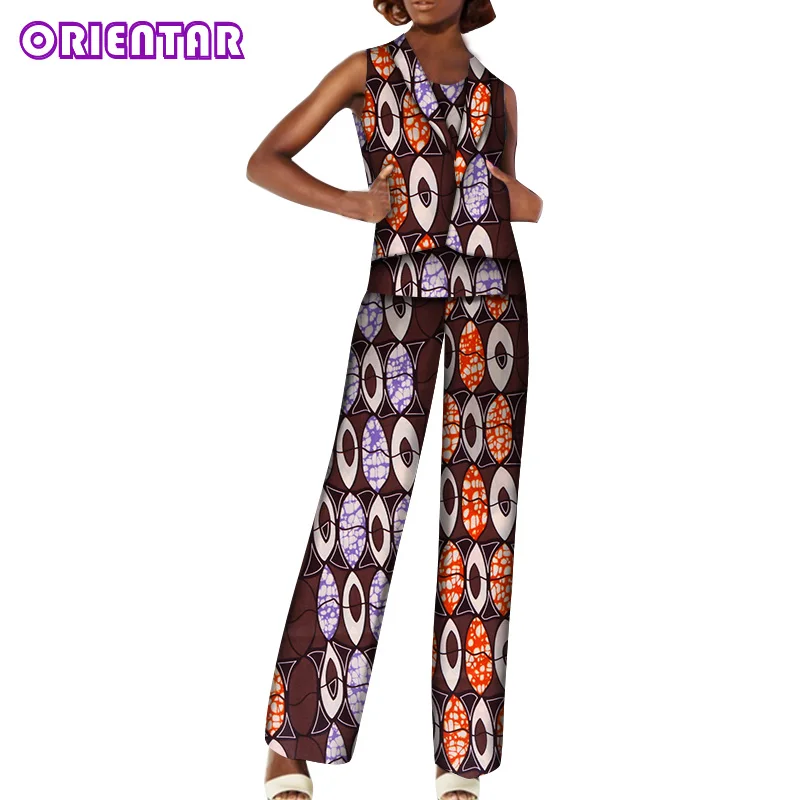 Африканский комплект штанов женские модные африканские костюмы Африканский принт хлопок без рукавов топ и брюки Базен Riche африканская одежда WY6052 - Цвет: 4