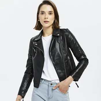 

Woman Faux Leather Jacket Woman PU Jackat Spring Autumn Long Sleeve Coat Female Outwear
