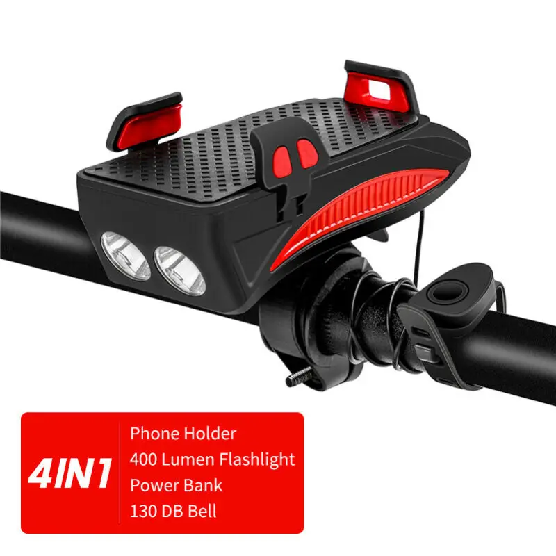  4in1 Bike bicycle Phone Holders & Stands LED Headlight Horn Bell Phone Bracket Holder USB Rechargea