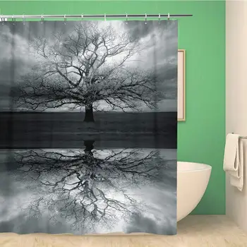 

Bathroom Shower Curtain Water Lonely Big Tree Reflection Sky Dark Clouds Mirror Polyester Fabric 66x72 inches Waterproof Bath