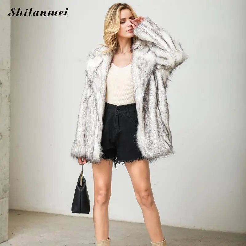 White Furry Faux Fur Coat Women Fashion Fur Collar Plus Size Fur Coat Elegant Flurry Party Club Outwear Thicken Winter Fur Coat