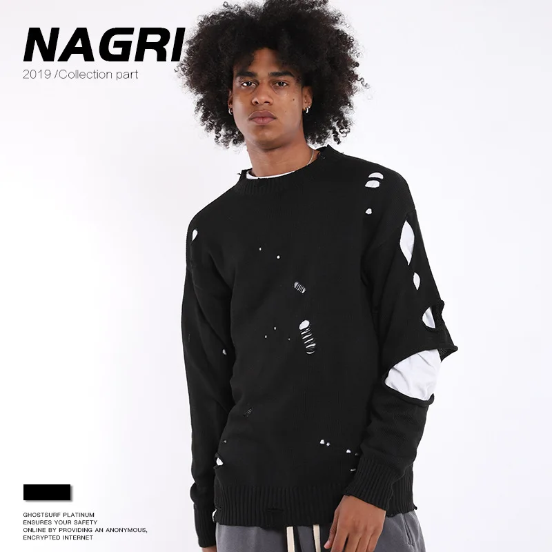 

Nagri 2019 Europe And America Popular Brand Autumn And Winter New Style Trend with Holes Street Loose-Fit Sportsman Sweater MEN'