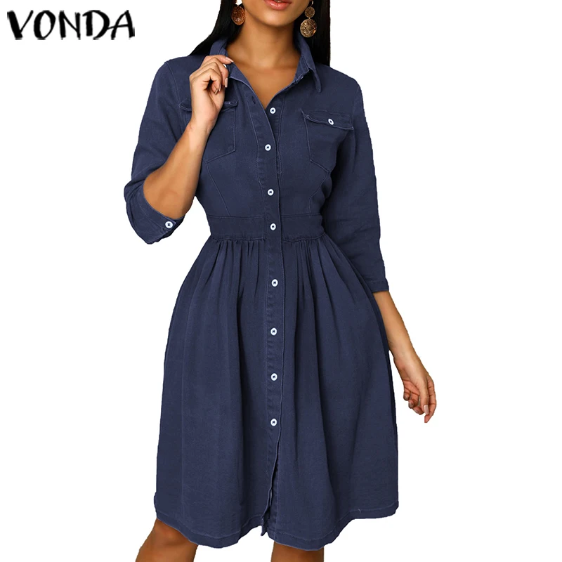 VONDA, летнее платье-рубашка,, повседневные свободные вечерние мини-платья для девушек, офисный сарафан, богемное пляжное платье, Vestidos, S-5XL, Robe Femme - Цвет: Тёмно-синий