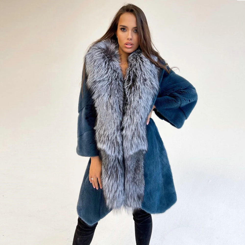 Pink Color Natural Women Mink Fur Coats with Silver Fox Fur Long Collar Winter Fashion 2022 New Full Pelt Mink Fur Coat Genuine
