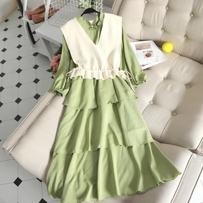SINGRAIN женское длинное Многоярусное платье Элегантное нарядное платье модное Vinatg осенний вязаный жилет осеннее платье из двух частей корейское шифоновое платье - Цвет: green