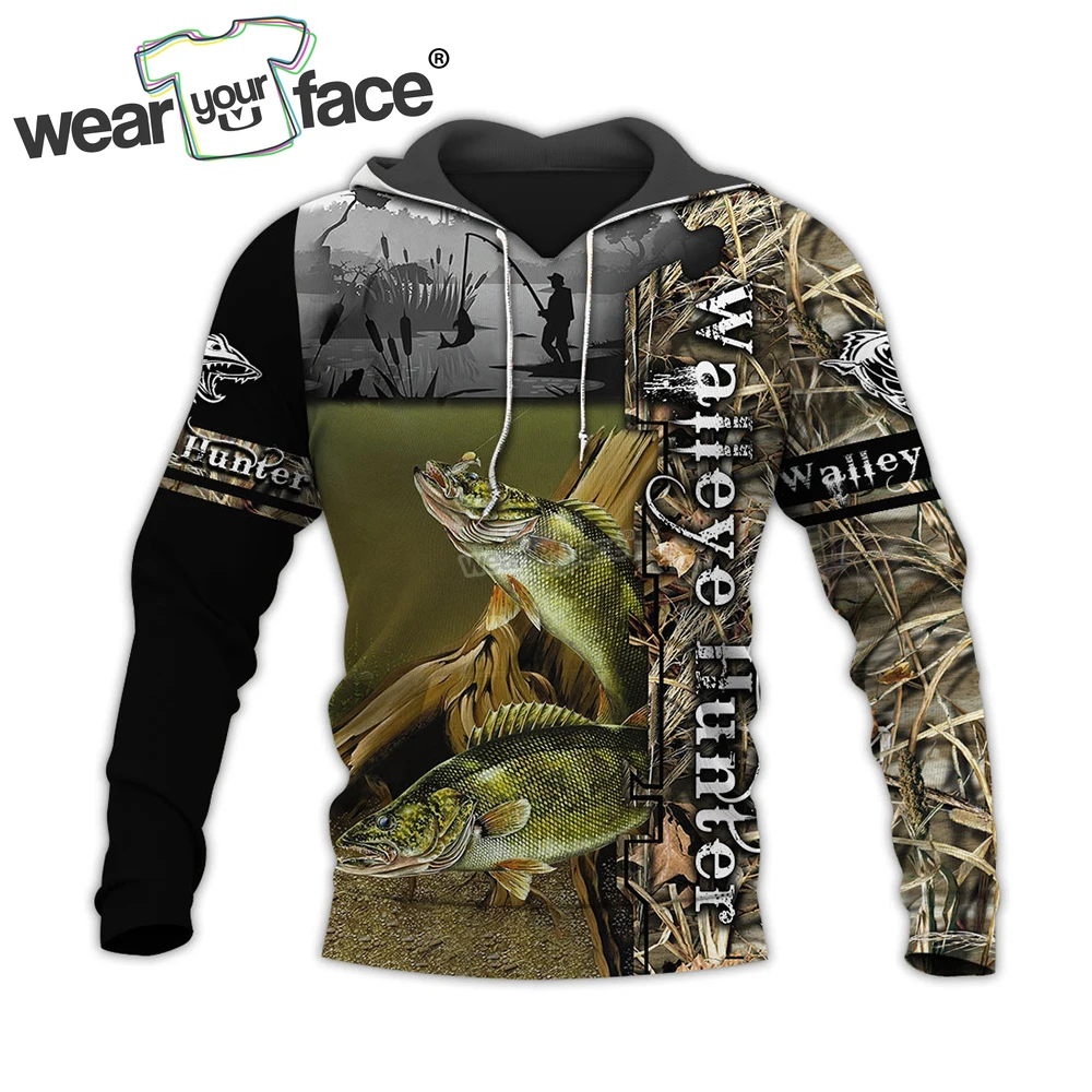 Walleye Hunting Camo 3D All Over Printed Sweatshirts Zipper Hoodies T-shirts Tracksuits Tank Top Shorts Streetwear Men Unisex