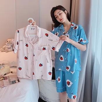 

Satin Cartoon Summer Sleepwear 2PCS Lady Cute Nightgown Comfortable Pajama Set Female Daily Pijama Lingerie Nightwear
