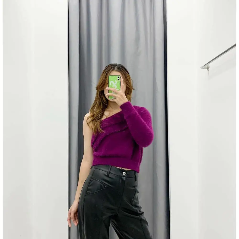 Женский зимний сексуальный свитер на одно плечо из искусственного меха 2019 Модные