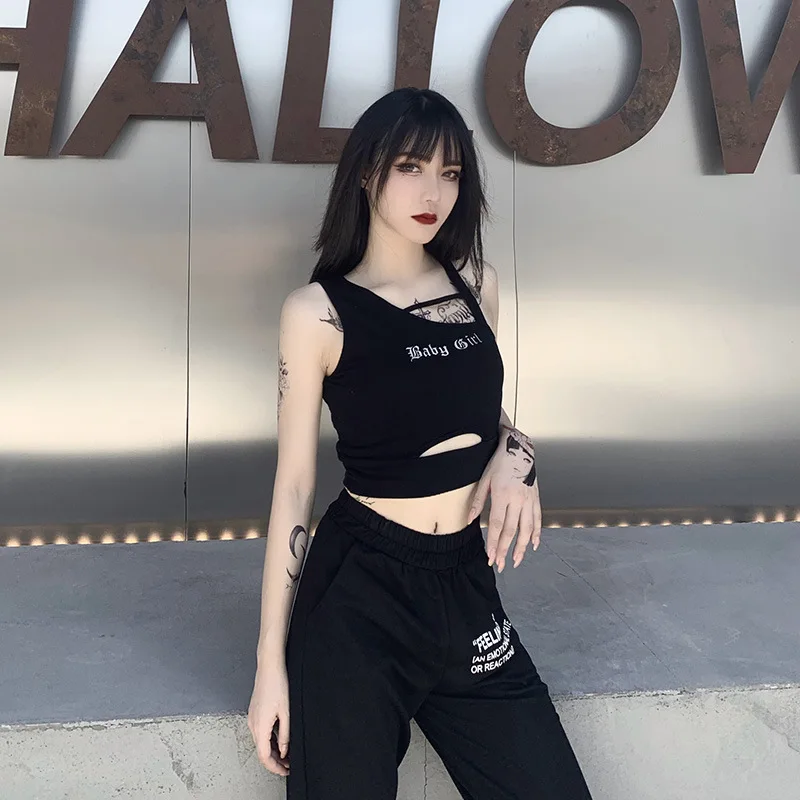 Black White Goth Woman Sexy Short Tank Tops 2020 Lady Reflective Letter Hole Hollow Out Punk Gothic Camisole Tight Basic Camis