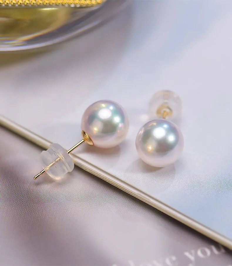 18K Solid Yellow Gold (AU750) Women Earrings Natural Akoya pearl Fashion Lady Jewelry girl Japanese seawater pearl