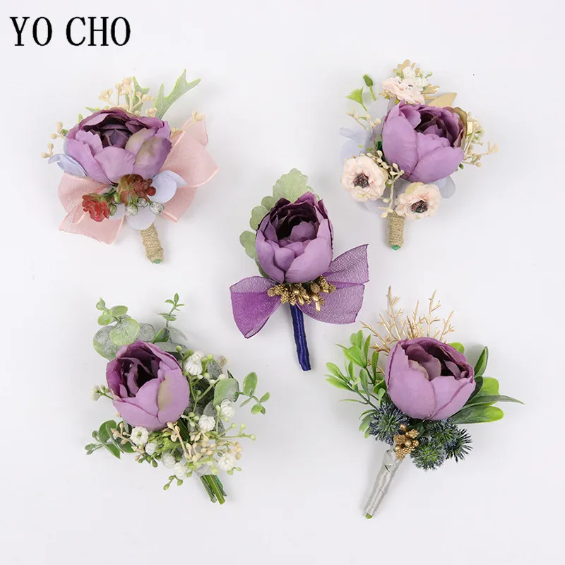 Yo Cho Artificiale Viola Rosa Di Seta Fiore All'Occhiello Da Sposa Polso Corsage Sorella Fiore Groomsmen Wedding Boutonnieres Uomini Spilla Spilli