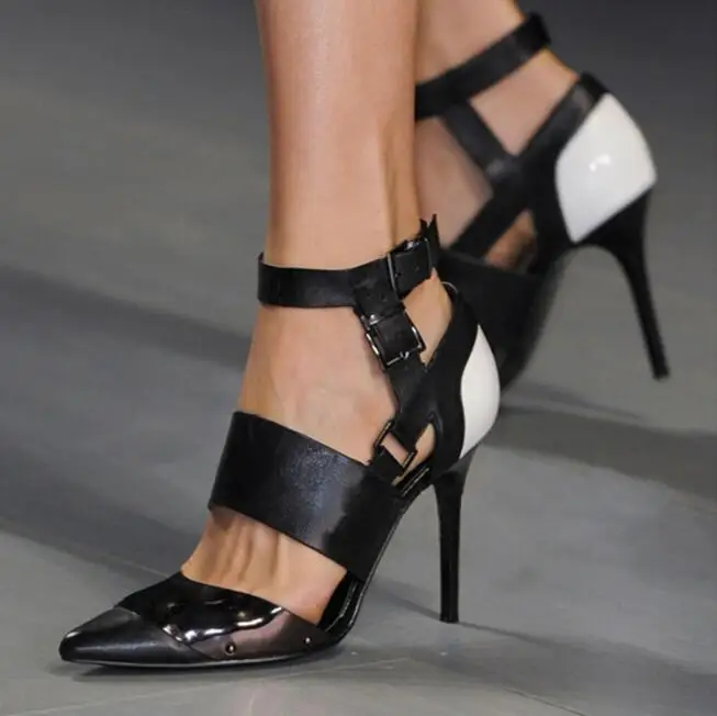 

Black White Leather Hollow Women Sandals Cut-out Pointed Toe Buckle Strap Gladiator Heels Women Shoes High Heels