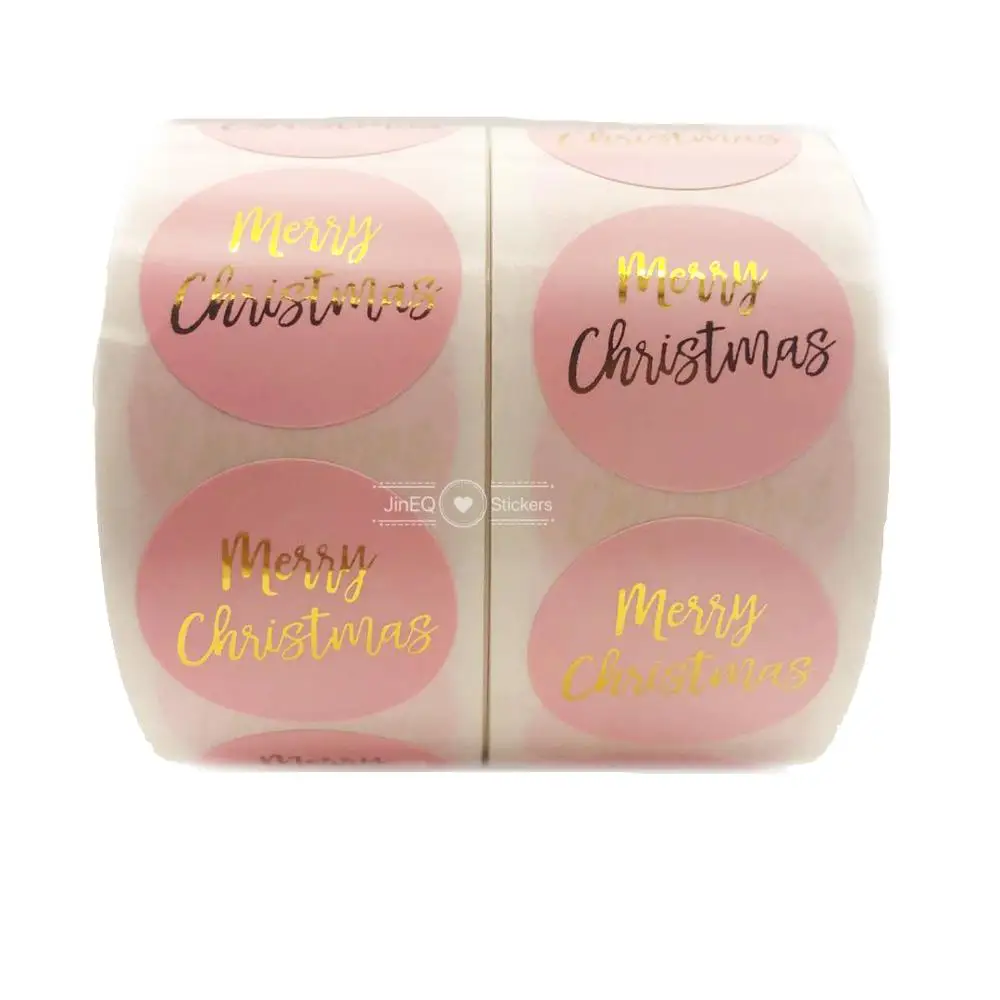 

500pcs Pink Gold Foil Merry Christmas 1'' Circle Thank You Sticker Labels For Xmas Gift Cards Business Package Sealing Stickers