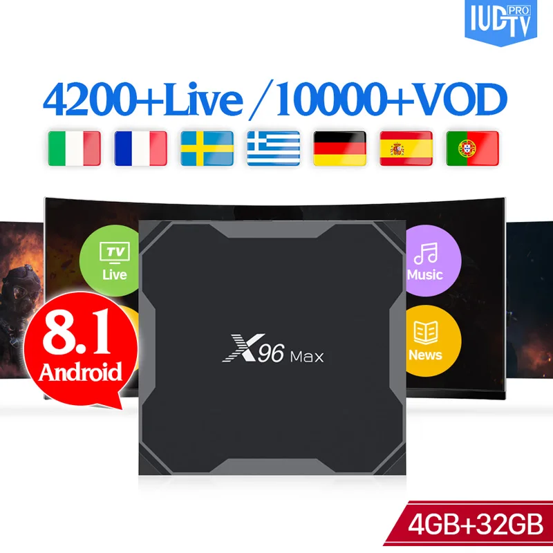 

Europe IUDTV Pro IPTV Spain Italy UK Nordic Sweden X96 Max 4+32G Dual-Band WiFi Support BT Android 8.1 S905X2 IP TV Set Top Box
