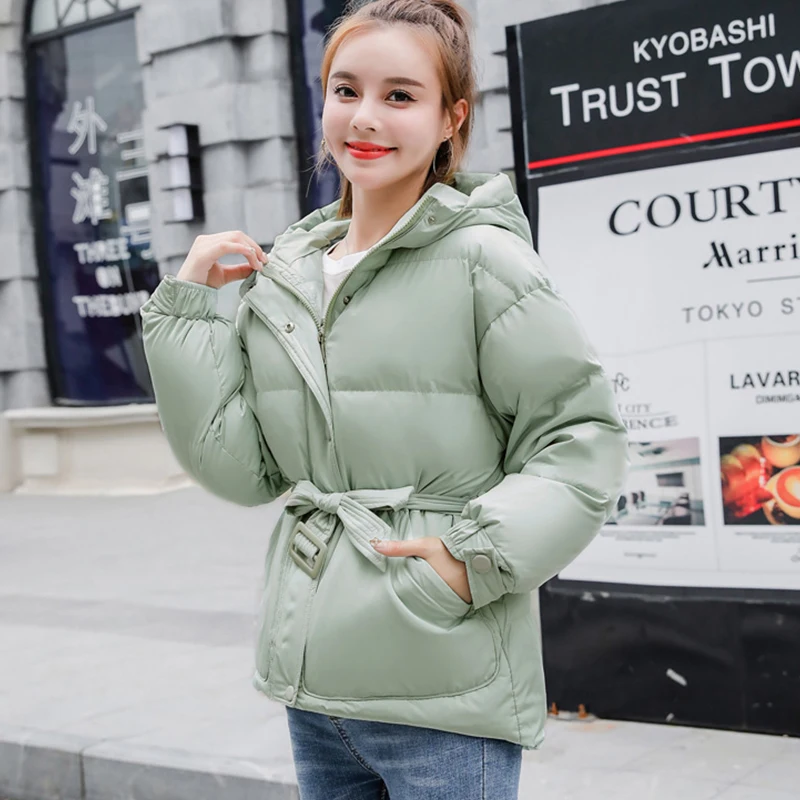 

FMFSSOM Winter Jacket Women Hooded Parka Snow Wear Sash Tie Up Solid Cotton Coat Fashion 2019 New Ladies Parka