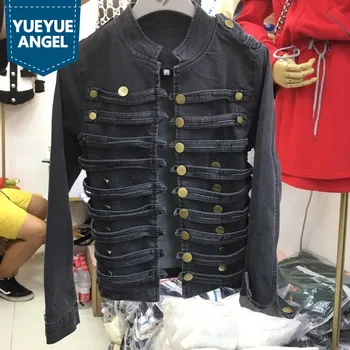 

European Court Style Female Jean Jacket Vintage Double Breasted Slim Short Coat Fashion Long Sleeve Stand Collar Cowboy Jacket