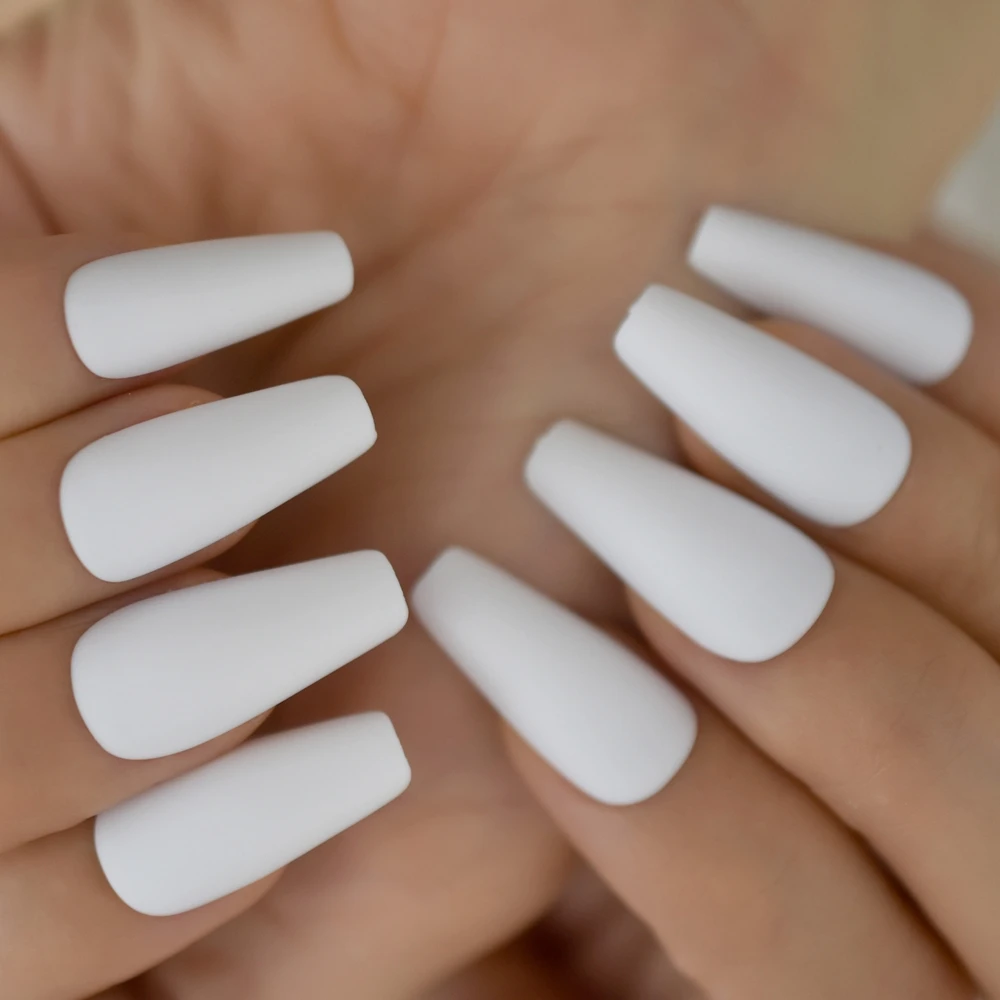 MatteWhiteCoffinFakeNailsLongSculptedNailsABSMaterialFull
