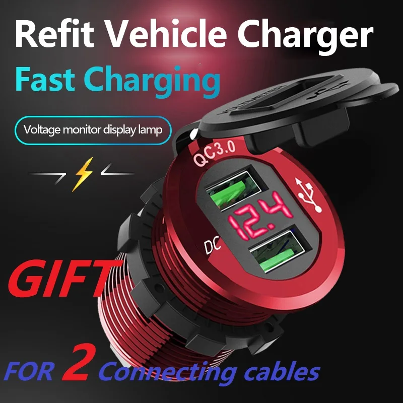Car Charger Fast Charge USB3.0 DC 12/24V Digital Voltmeter Products Interior Parts Tools Gift For 2 Connecting Cables |