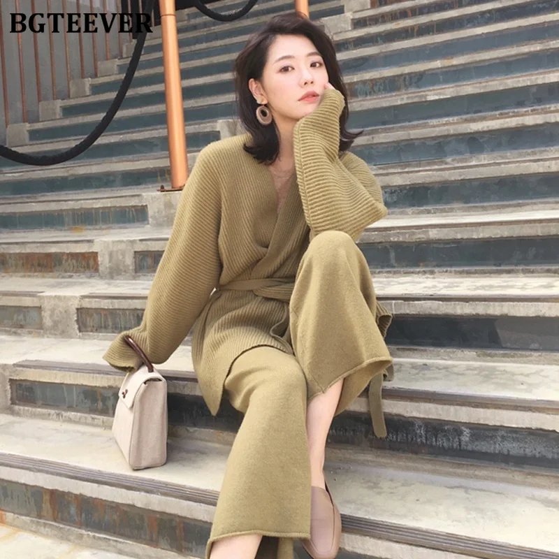 BGTEEVER Sweater Tracksuit V-neck Lace Up Pullovers &amp Loose Pants Women Set Knitted Suit Winter 2 Pieces Female 2019 | Женская одежда