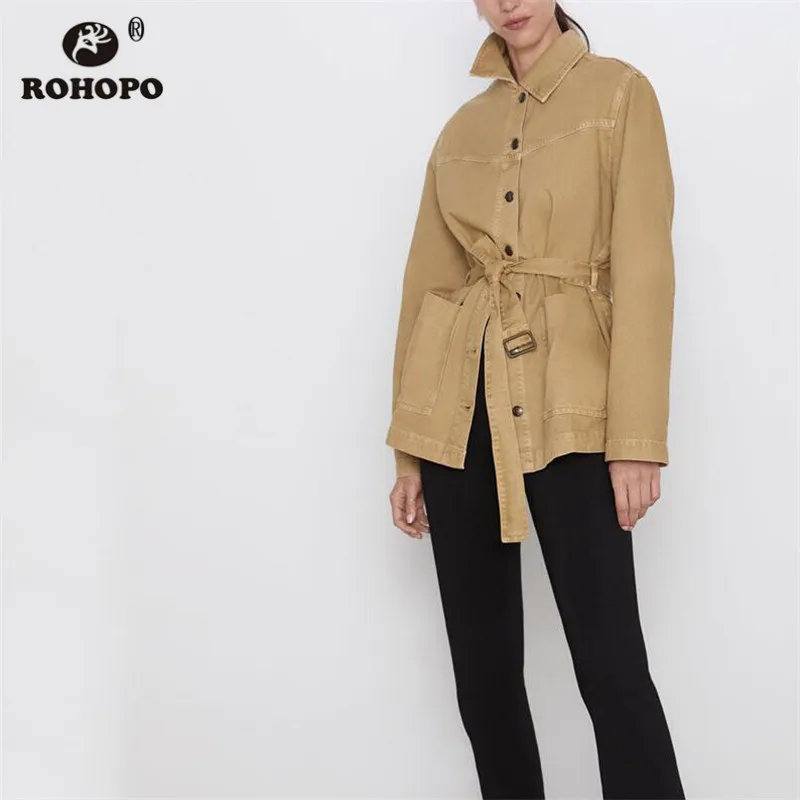 Promo  ROHOPO Woman Autumn Straight Khaki Belted Long Jacket Button Fly British Academy Solid Windbreaker 