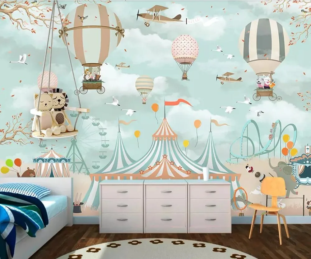 Diantu Mural wallpaper cartoon hot air balloon circus background children room boy girl bedroom background mural 3d wallpaper