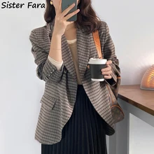 Sister Fara – Blazer à carreaux pour femmes, ample, cranté, à bouton unique, manteau pour dames, élégant, décontracté, printemps automne
