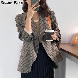 Irmã fara nova primavera outono solto xadrez blazer entalhado único botão blazer jaqueta feminina casaco senhoras elegante blazers casuais