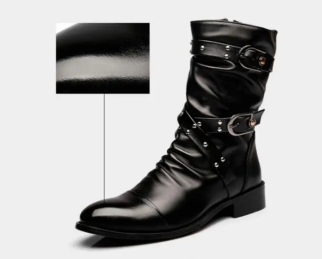 Spring Autumn Winter Pointed Toe Rivet Buckles Men Equestrian Boots Mid-Calf High Top Male Warm Punk Motorcycle Boots 190906