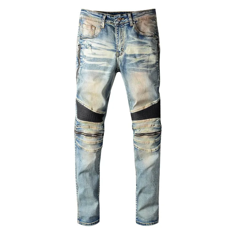 

MORUANCLE Men Vintage Ripped Biker Jeans Hi Street Distressed Motorcycle Denim Trousers Streetwear Torn Jeans Leather Patchwork