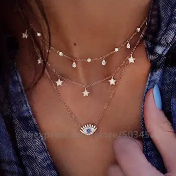 

120pcs/lot Zircon Pentagon Water Droplets Neckless Woman Pendant Multi-Layer Chains Necklace Lady Fashion Sets Necklaces
