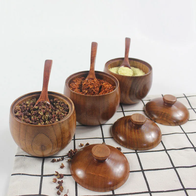 Details about / 2X Bamboo Wooden Spice Jar Sugar Bowl Tea Salt Seasoning Storage Box