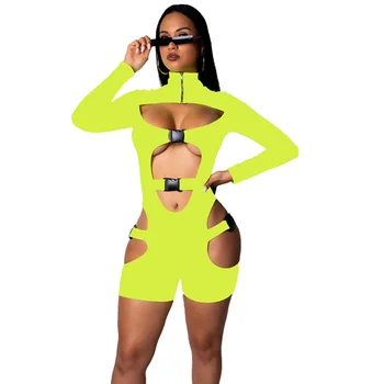

Womens Sexy Playsuit Summer Short Jumpsuit Romper Bodysuit Long Sleeve Neon Gothic Casual Hollow Out Bodycon Romper Jumpsuit