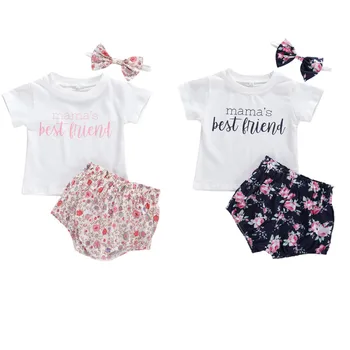 

0-24M Newborn Toddler Baby Girls Cotton Clothes Sets Letter Print Short Sleeve T Shirts Tops +High Waist Floral Shorts+Headband