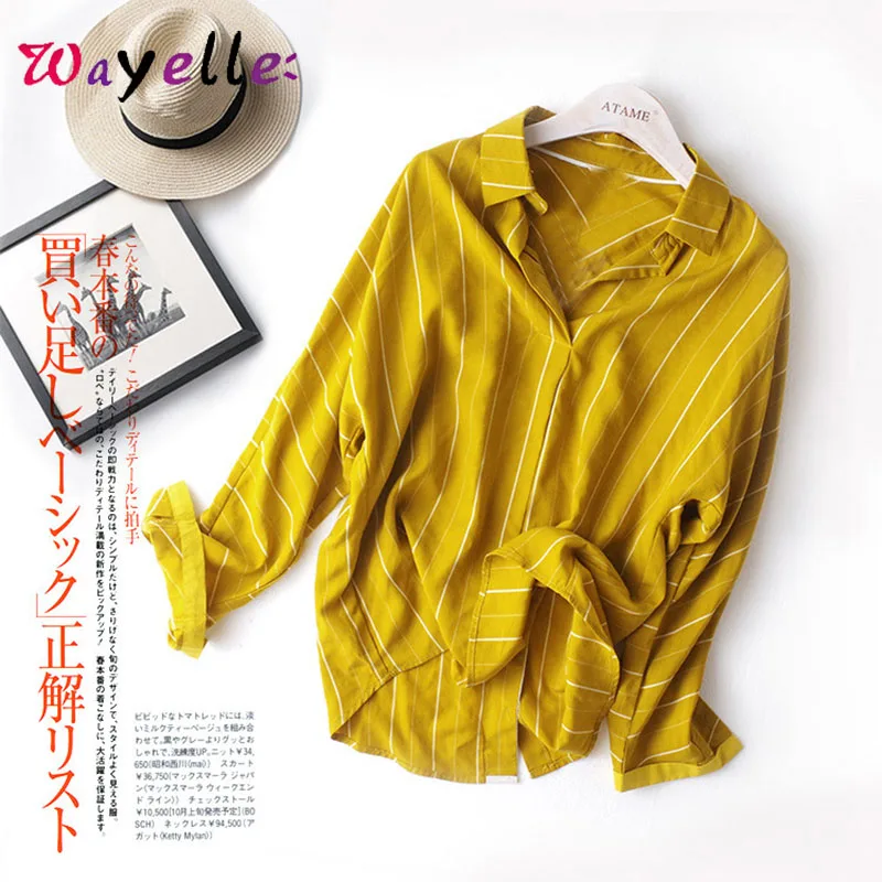 

Women Shirts Fall 2019 Bat Sleeve Stripe Women Blouses and Tops Yellow Chic Korean Back Button Women Tops Casual Tide Women Tops