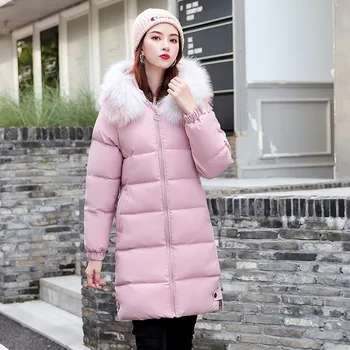 

Big Fur Collar Hooded Slim Parkas Cotton-padded Coats Jacket Women Winter Outerwear Solid Color Zipper Mid-long Overcoats Tops