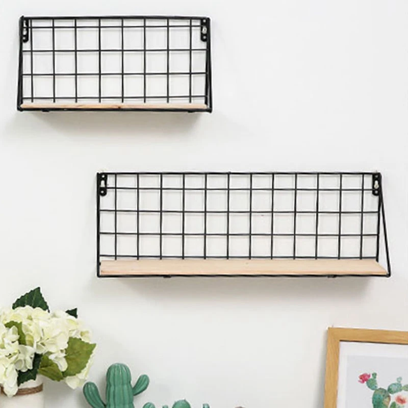 CSS 2Pcs Wooden Iron Wall Shelf Wall Mounted Storage Rack Organization for Kitchen Bedroom Home Decor Kid Room Diy Wall Decorati
