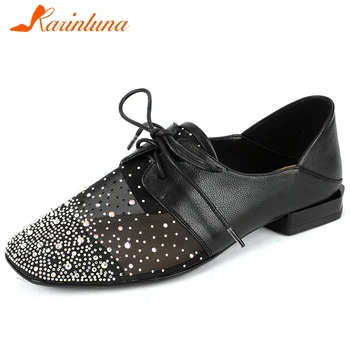

Karinluna 2020 New Fashion Genuine Leather Square Toe Lace-Up Casual Shoes Woman Flats Shallow Crystal Spring Flats Women Shoes