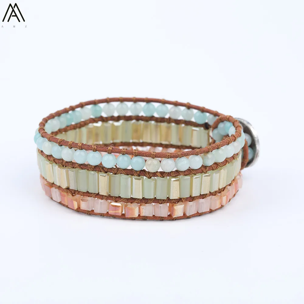 4mm Natural Amazon Stone Beads Wrap Leather Braid Bracelet Women Glass Cube Multi- Layer Handmade Woven N0397AMBC | Украшения и