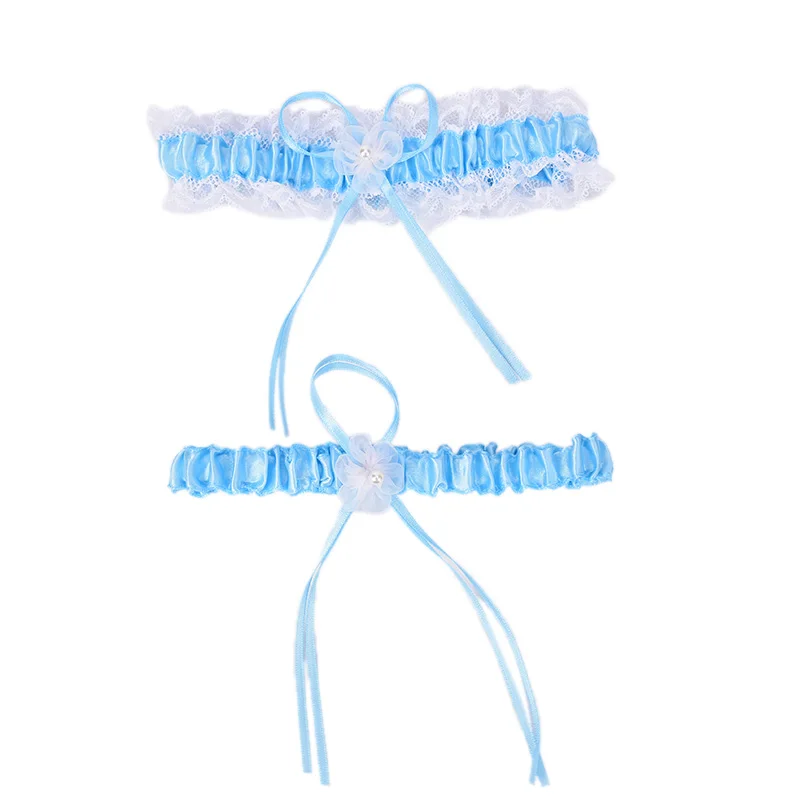 Light Blue Женские свадебные облегающие кольца с цветочной кружевной вышивкой и искусственным жемчугом, Эластичные Свадебные подвязки с бантом - Цвет: Light Blue