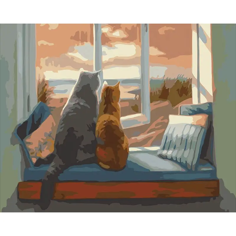 

Framed Cat with its back in front of the window Diy Landscape Canvas Wedding Decoration Art Oil Painting On Canvas For Home